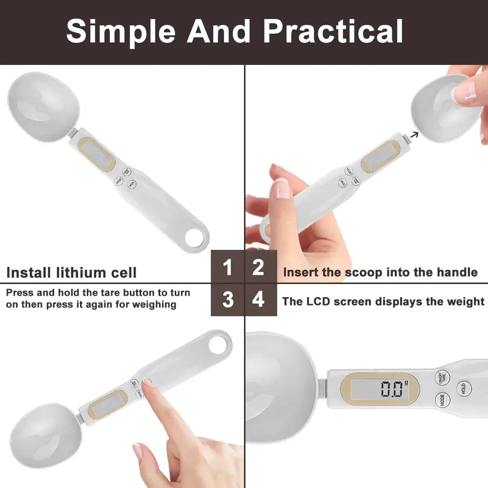 White digital spoon scale with detachable scoop and lcd screen for precise kitchen measuring up to 500g.