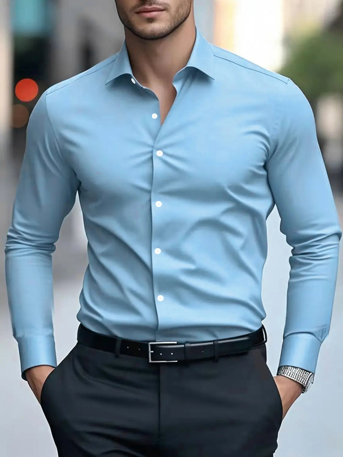 Ein Slim-Fit-Businesshemd für Herren in Hellblau mit langen Ärmeln, formbeständigem Kragen und weißen Knöpfen.