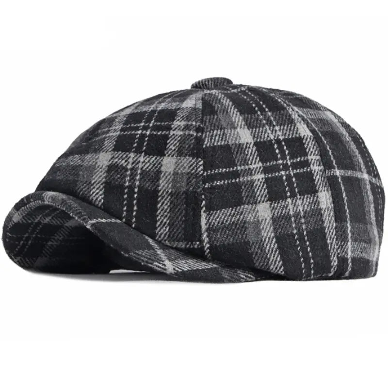 Black and gray plaid woolen octagonal hat for women with a structured eight-panel design.