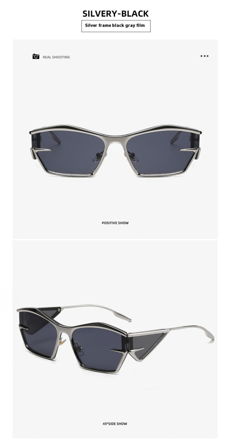 Silver-framed Geometric Shield UV400 fashion sunglasses with black gray film lenses and angular geometric design.