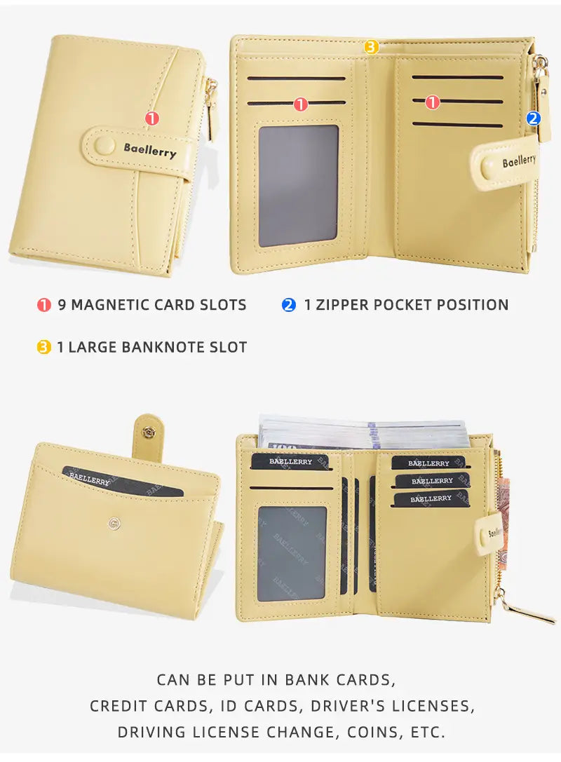 Cartera de mujer Beellerry en color beige, cuero PU, cartera corta con ranuras para tarjetas magnéticas, bolsillo con cremallera y compartimento para billetes.