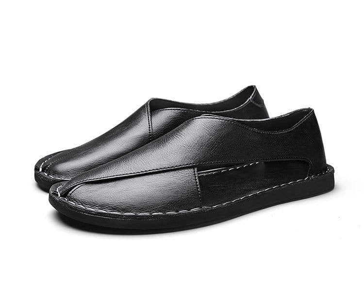 Schwarze Leder-Slip-on-Schuhe mit schlankem minimalistischen Design und sichtbarer Ziernaht entlang der Nähte für Herren-Braune Echtleder-Slip-on-Strandsandalen.