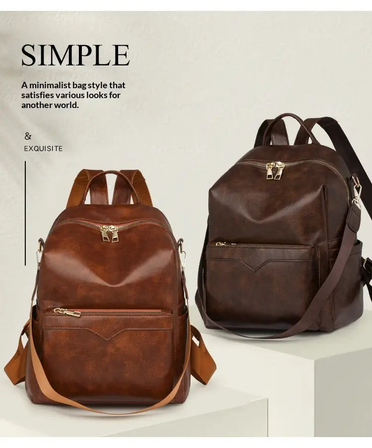 Brown faux leather women’s large capacity commuter backpack with gold-tone zippers and adjustable straps.
