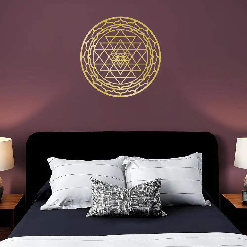 Golden sri yantra sacred geometry metal wall art decor featuring an intricate geometric design as a wall decal.