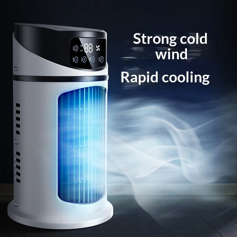 Ventilador de enfriador de aire portátil USB blanco y negro con diseño cilíndrico, pantalla digital que muestra 88 por ciento de humedad, y aspas verticales de enfriamiento iluminadas en azul.