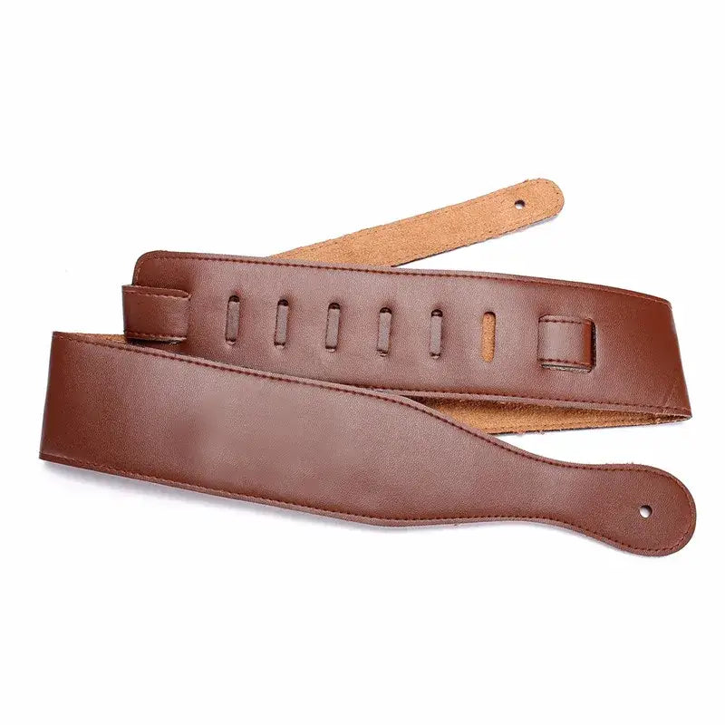 brown leather guitar strap with adjustable suede lining 110-130cm featuring a smooth slightly textured surface and visible stitching along the edges