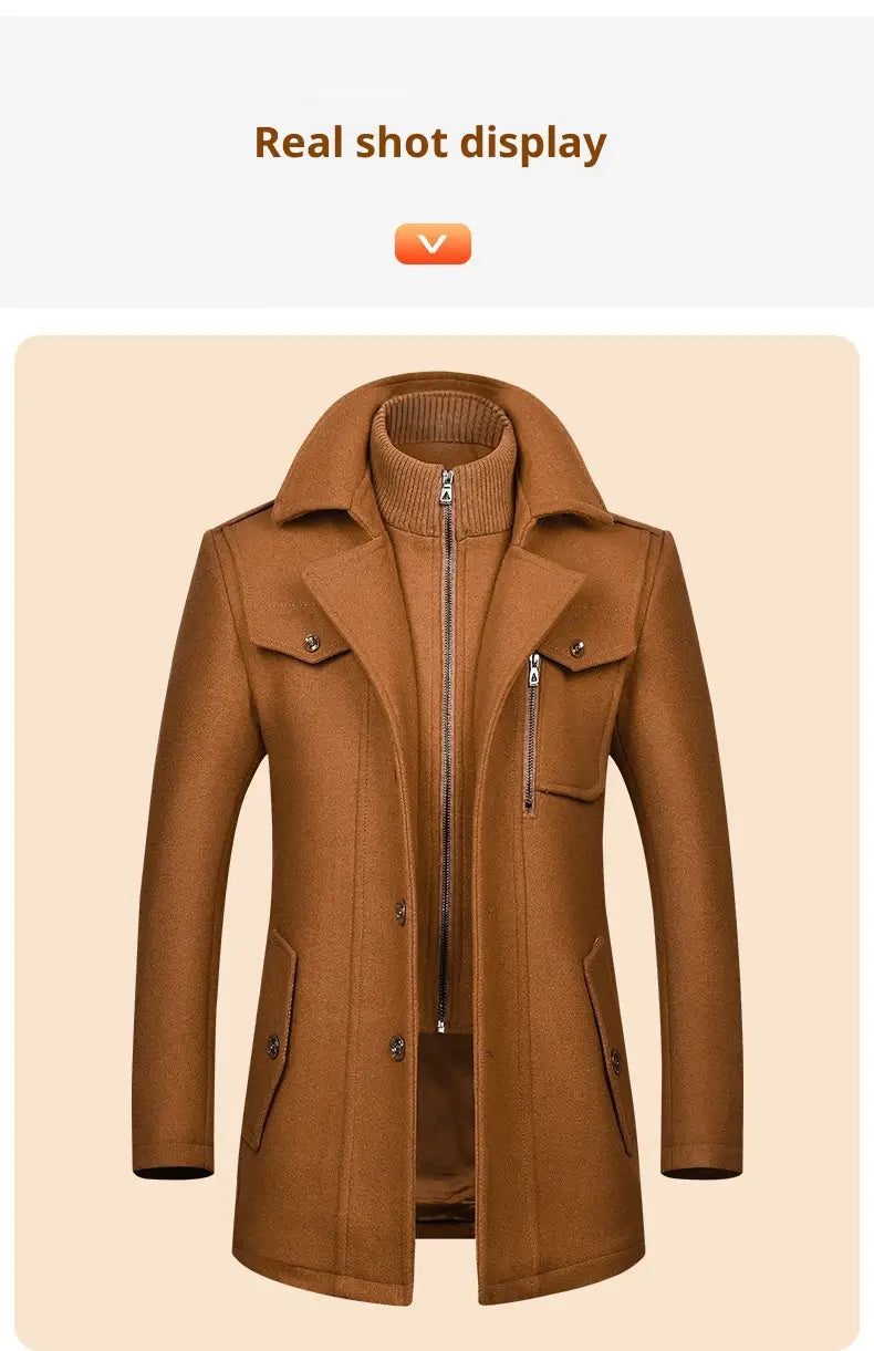 brown woolen overcoat with a high collar and front zipper closure suitable for mens winter outerwear.