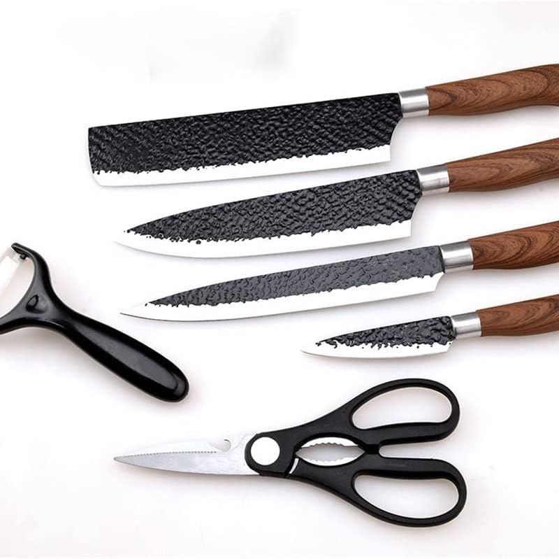 Set of four hammered steel kitchen knives with textured black blades and wooden handles accompanied by a black peeler and kitchen shears in a 6 piece kitchen knife set with case.