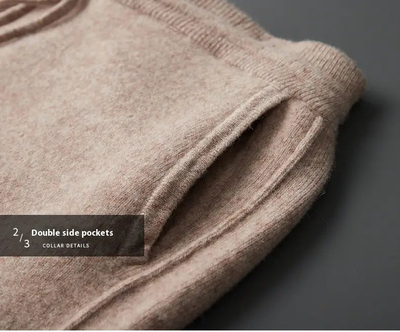 beige knitted sweater with ribbed collar and side pockets paired with men’s wool harem pants high waist casual joggers