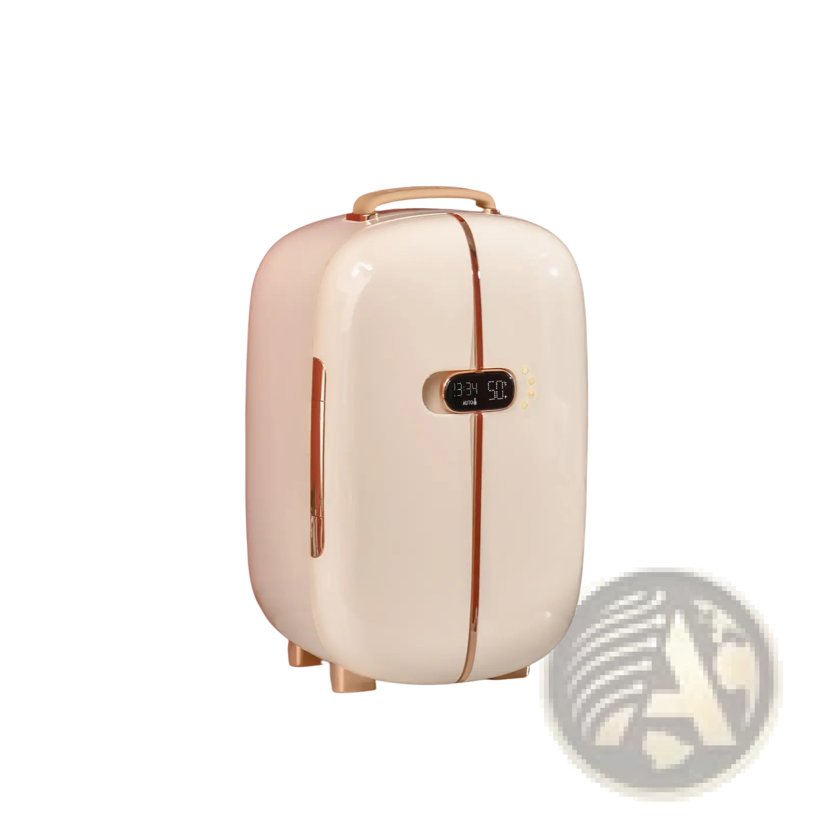Cream-colored portable 12l beauty fridge with sleek design rose gold accents and digital led display for skincare storage