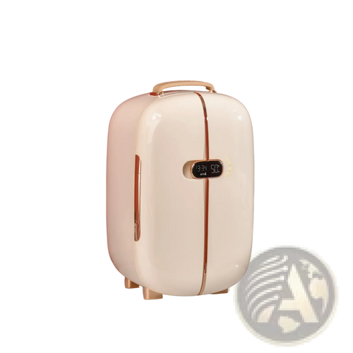 Cream-colored portable 12l beauty fridge with sleek design rose gold accents and digital led display for skincare storage