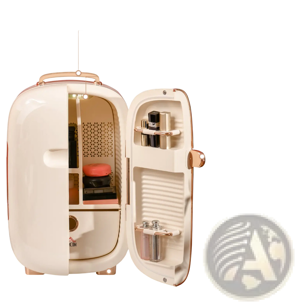 Cream-colored 12l portable beauty fridge with rose gold accents and digital LED temperature display