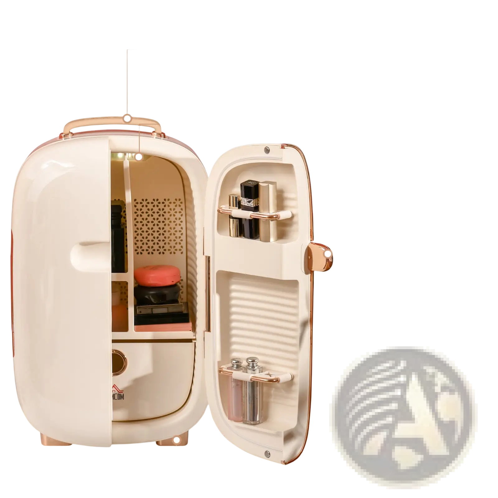 Cream-colored 12l portable beauty fridge with rose gold accents and digital LED temperature display