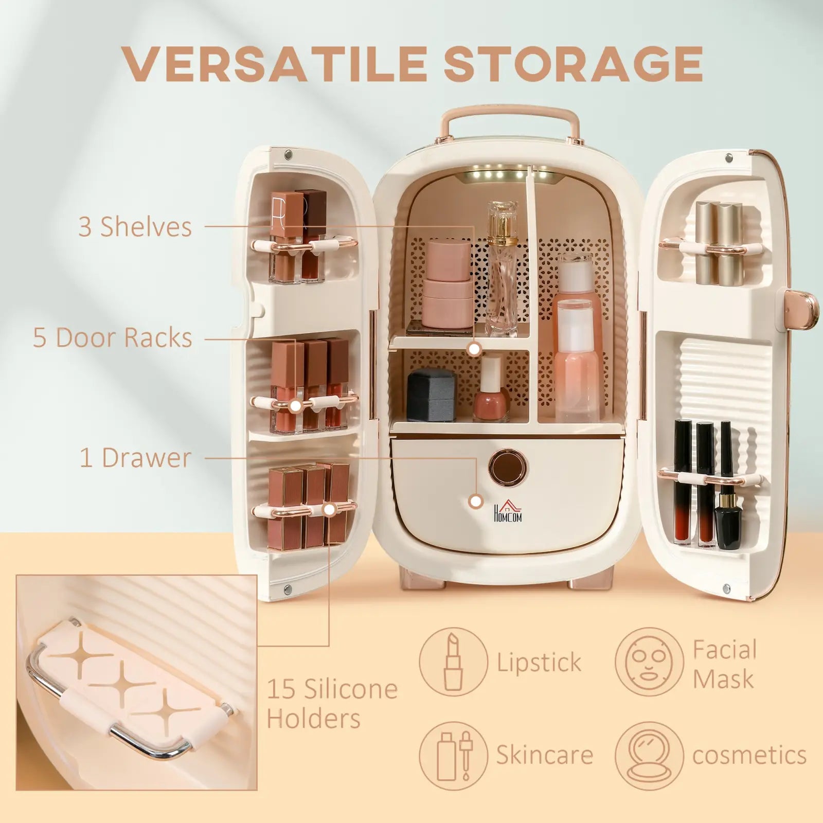Cream-colored 12l portable beauty fridge with led display and rose gold accents featuring interior lighting for cosmetics storage