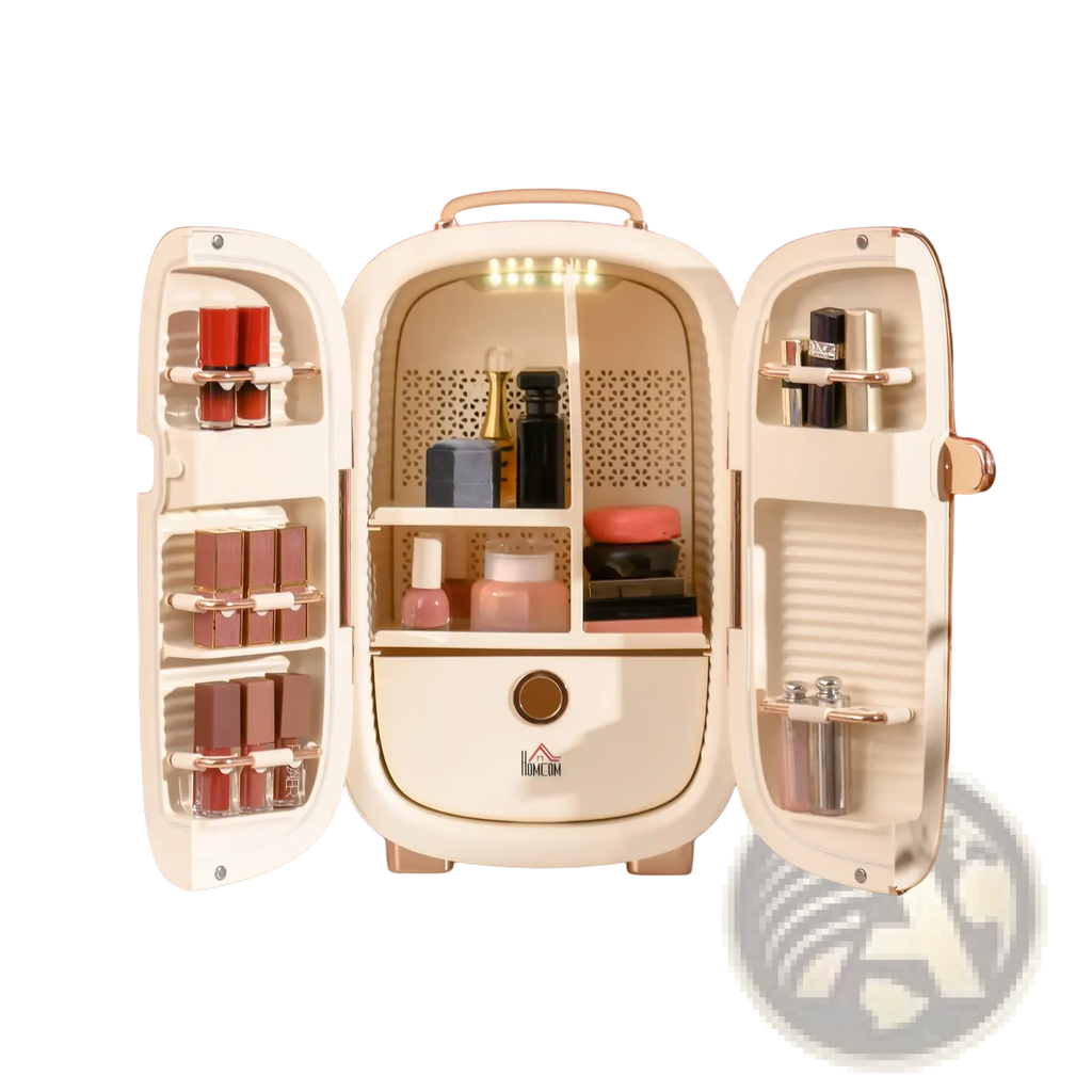 Cream-colored 12l portable beauty fridge with led display and rose gold accents featuring a retro compact design