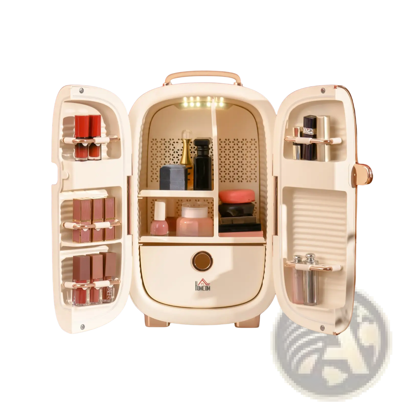 Cream-colored 12l portable beauty fridge with led display and rose gold accents featuring a retro compact design