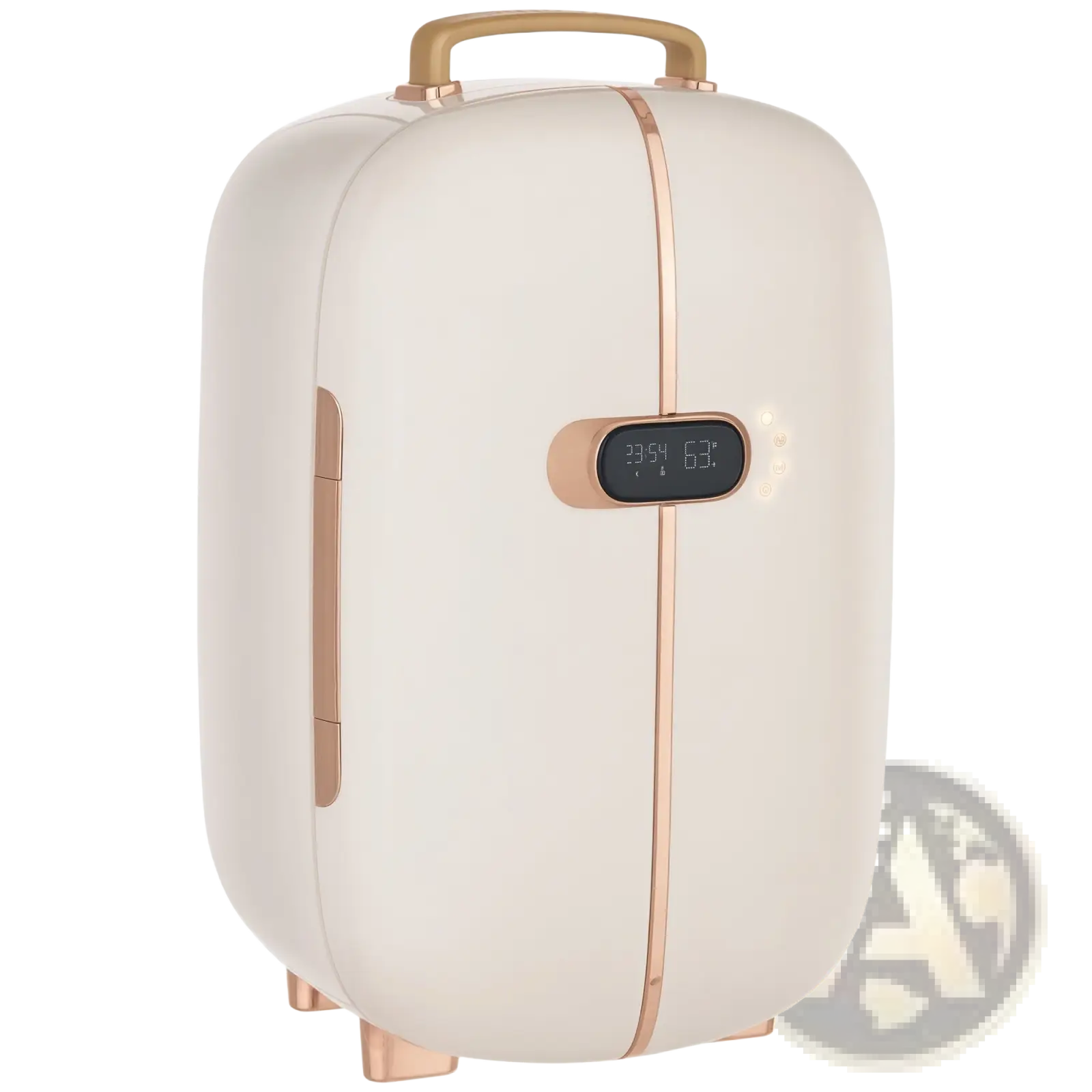 Cream-colored 12l portable beauty fridge with rose gold accents and led digital display for skincare storage