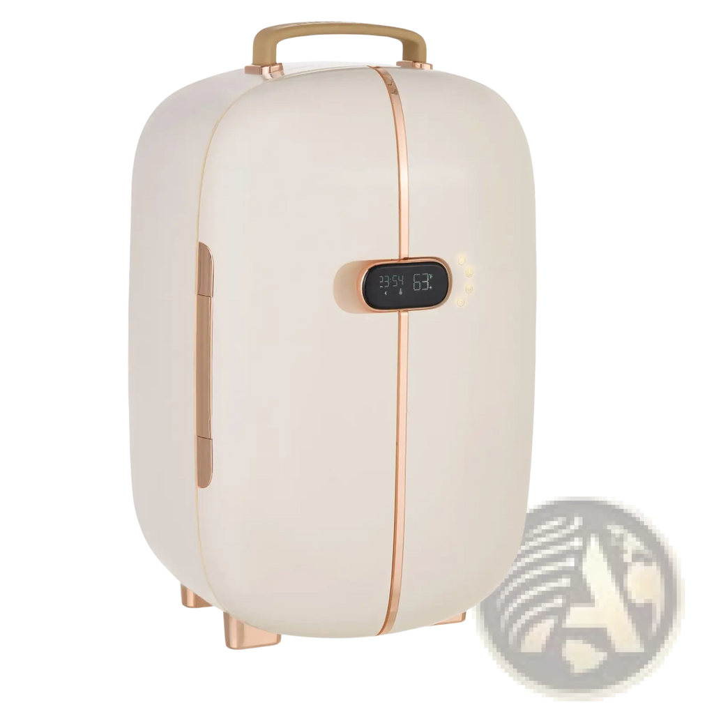 Cream-colored 12l portable beauty fridge with rose gold accents and digital led display for compact storage