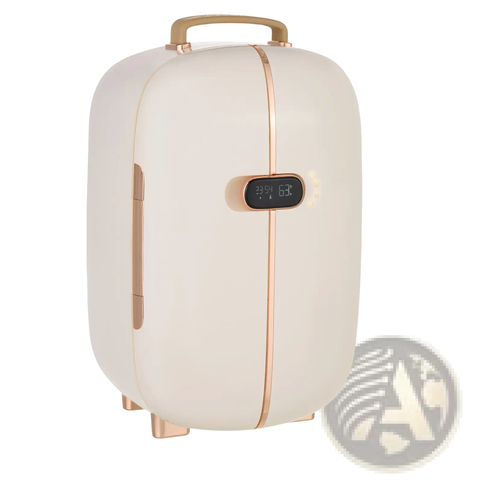 Cream-colored 12l portable beauty fridge with rose gold accents and digital led display for compact storage