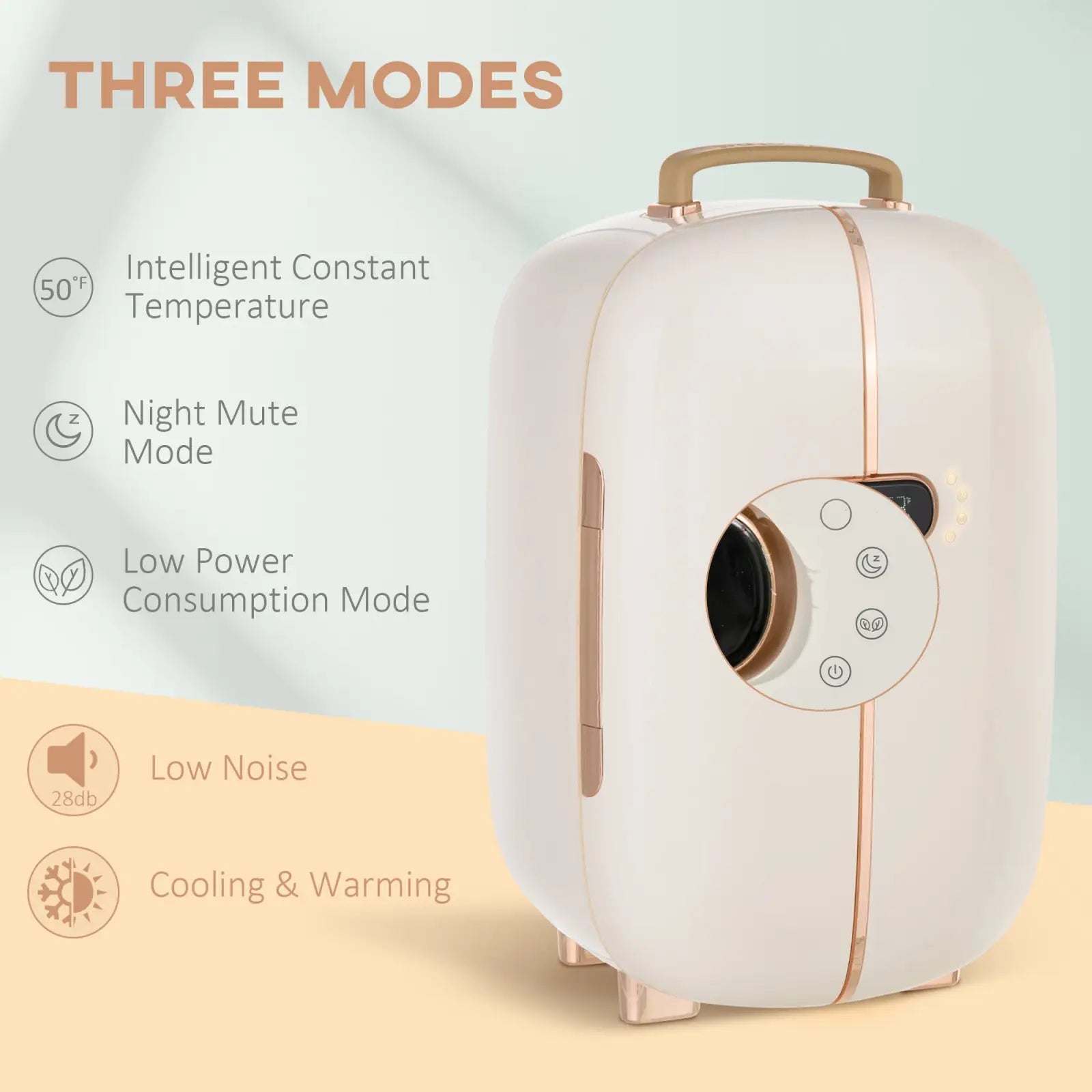 Cream-colored 12l portable beauty fridge with led display rose gold accents and circular control panel