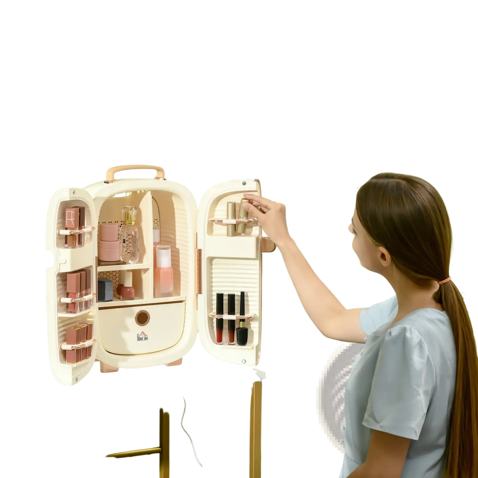 Cream-colored 12l portable beauty fridge with led display rose gold accents and multiple makeup compartments