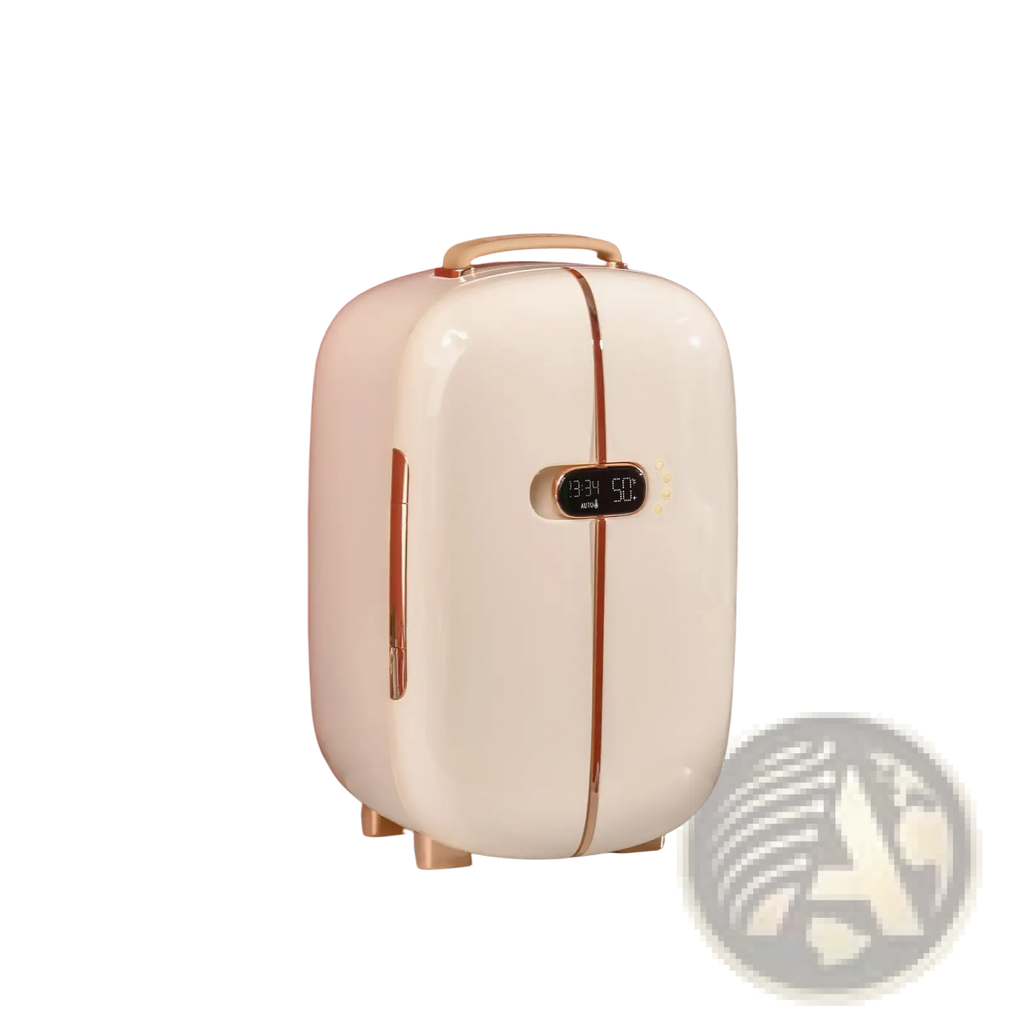 Cream-colored sleek 12l portable beauty fridge with led display and rose gold accents for skincare storage