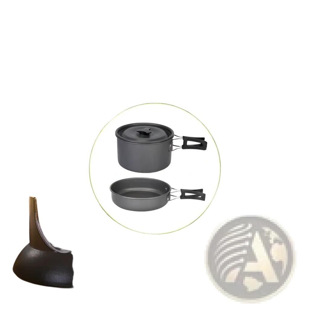 Black aluminum camping cookware set with two pots one with lid and one without from 12pcs camping cookware set