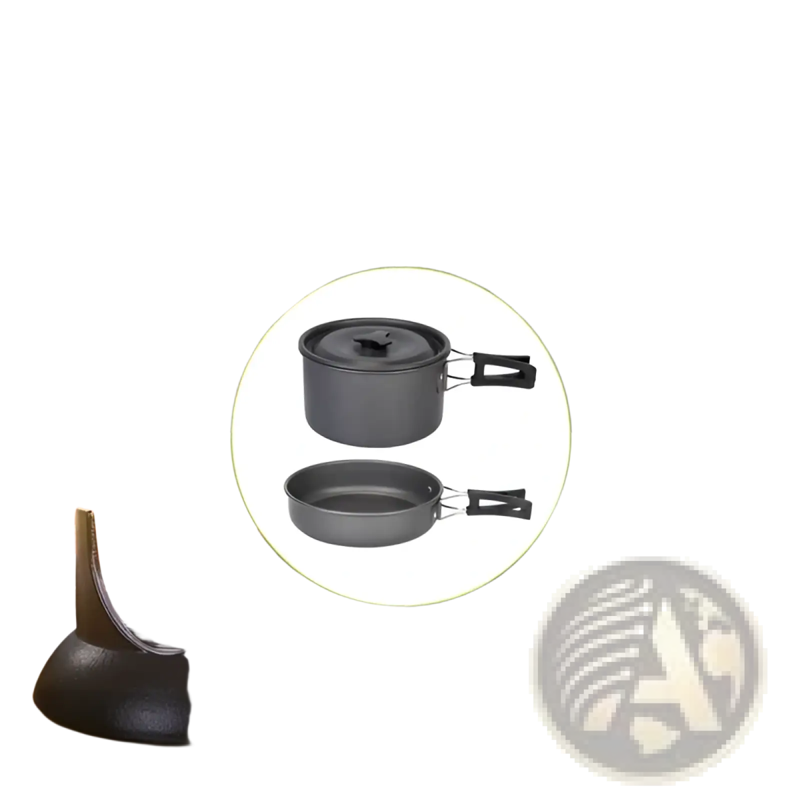 Black aluminum camping cookware set with two pots one with lid and one without from 12pcs camping cookware set