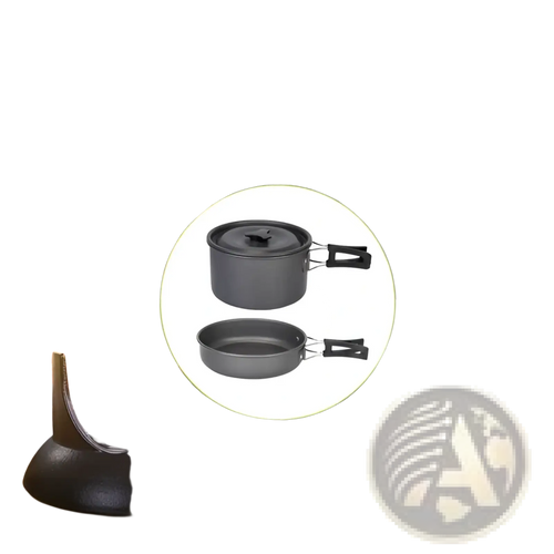 Black aluminum camping cookware set with two pots one with lid and one without from 12pcs camping cookware set