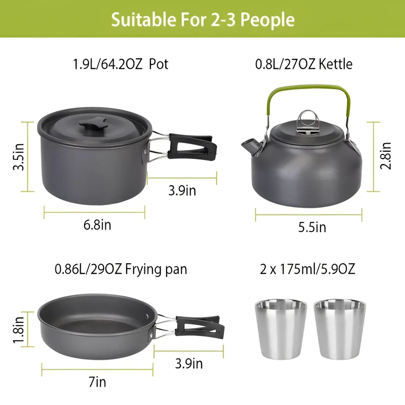 Dark gray aluminum 12pcs camping cookset with black handles green kettle handle includes pot frying pan kettle two cups