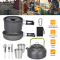 Gray aluminum 12pcs camping cookware set with black handles and green kettle handle for outdoor cooking