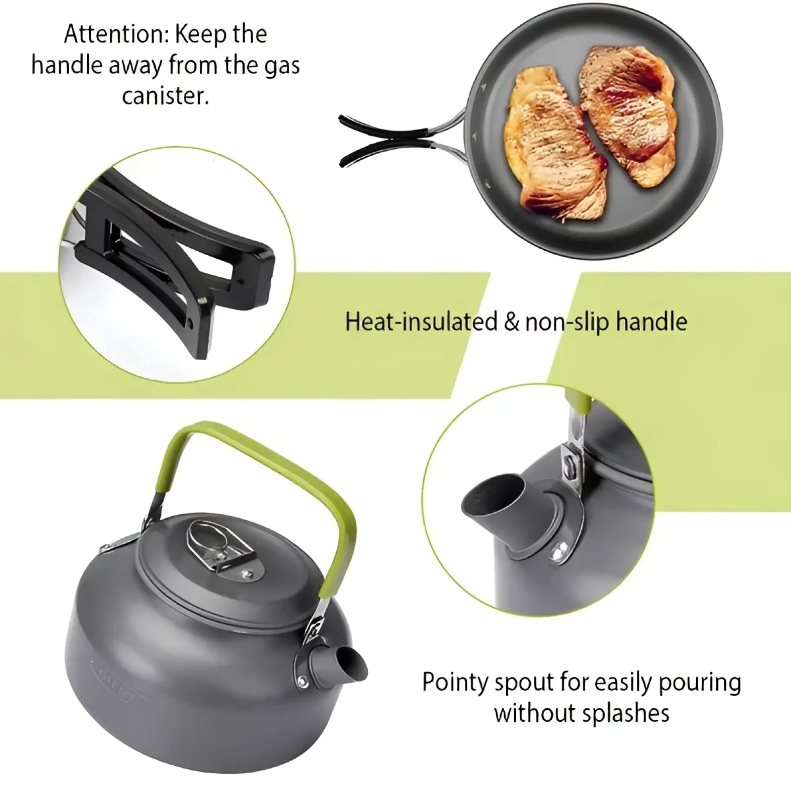 Gray aluminum camping kettle with green handle and pointed spout for easy pouring in 12pcs cookware set
