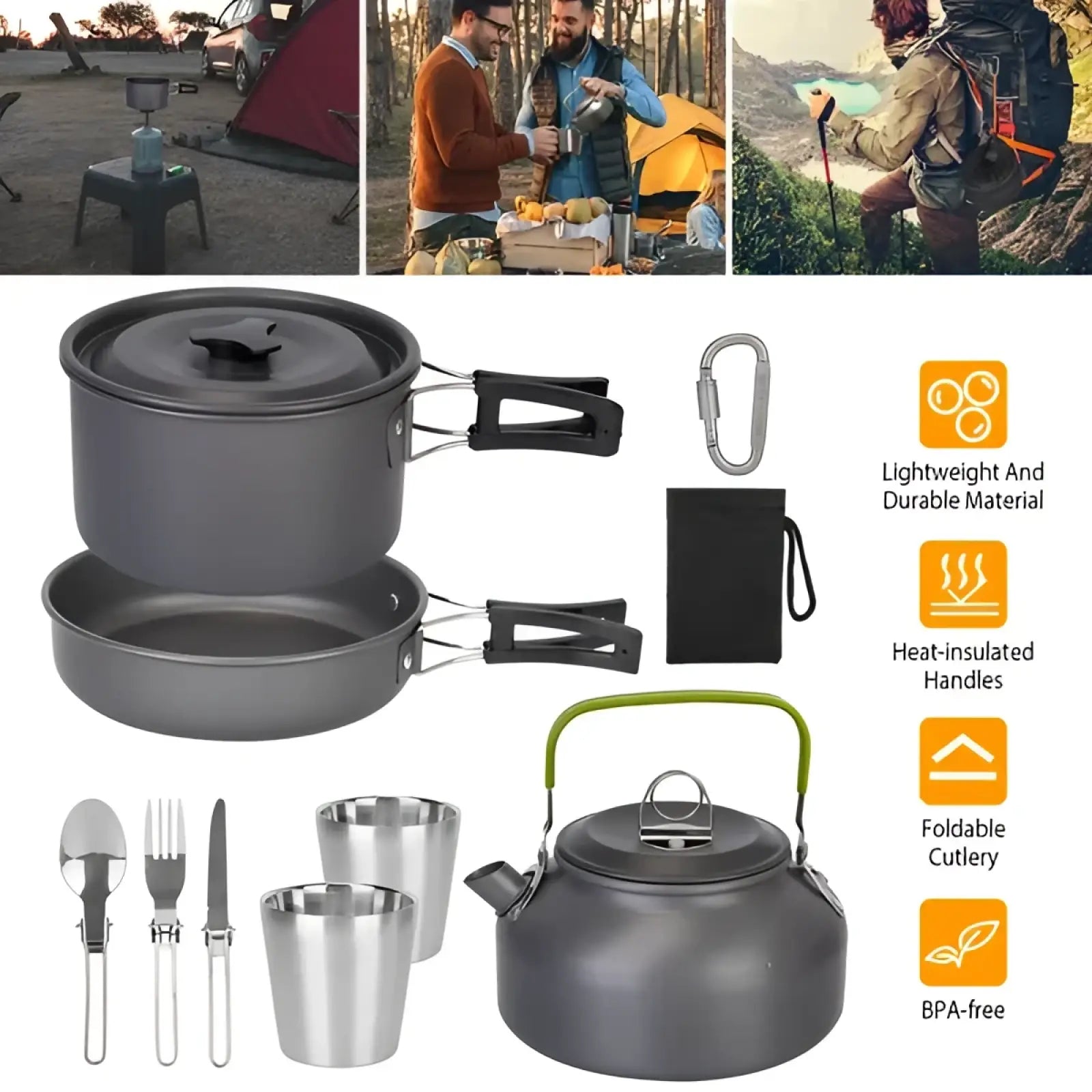 Gray aluminum 12pcs camping cookware set with black handles and green kettle handle for outdoor cooking use