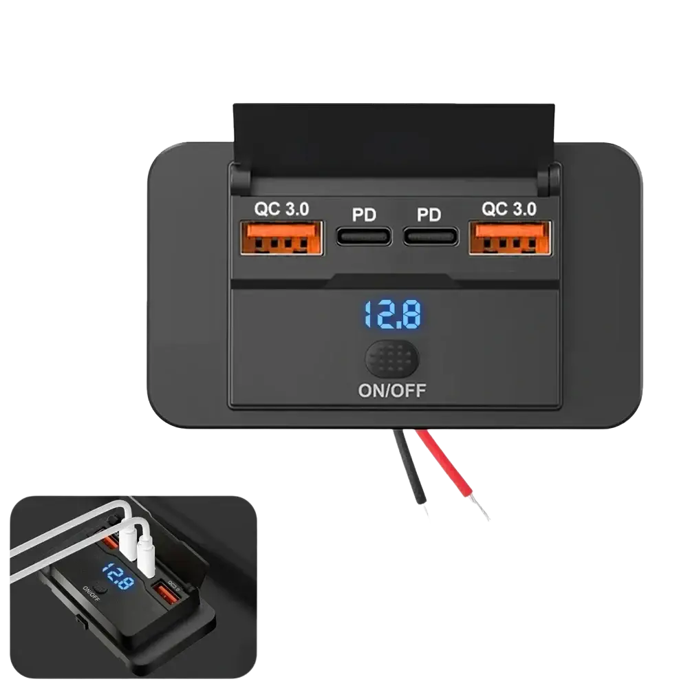 Black 12v 24v usb c car charger socket with dual pd dual qc3 0 ports digital voltage display and red black wiring