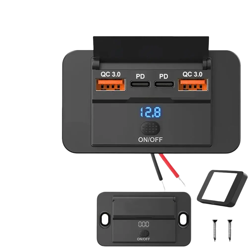 Black 12v 24v usb c car charger socket with orange usb-c ports and digital display for vehicle power outlets