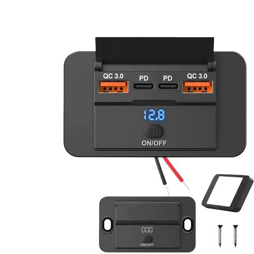 Black 12v 24v usb c car charger socket with orange usb-c ports and digital display for vehicle power outlets