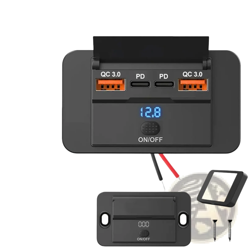 Black 12v 24v usb c car charger socket with orange usb-c ports and digital display for vehicle power outlets