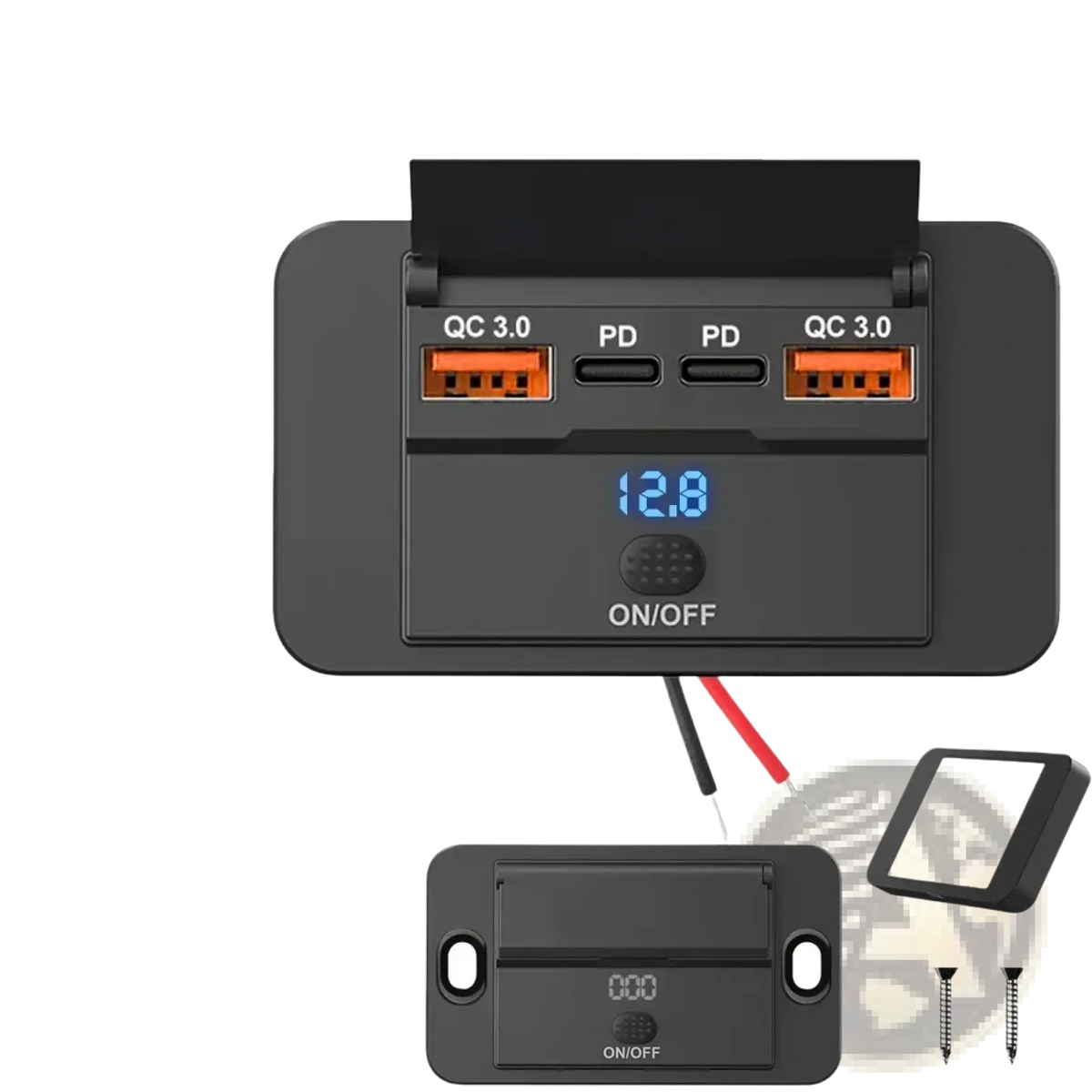 Black 12v 24v usb c car charger socket with orange usb-c ports and digital display for vehicle power outlets