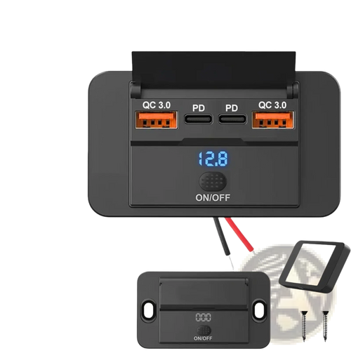 Black 12v 24v usb c car charger socket with orange usb-c ports and digital display for vehicle power outlets