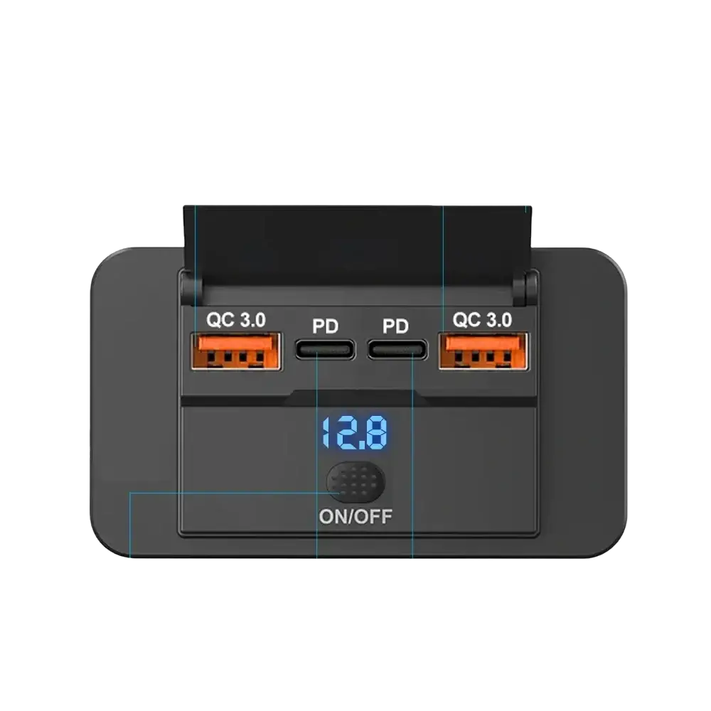 Black 12v 24v usb c car charger socket pd qc3 0 surface mount with orange ports and digital display