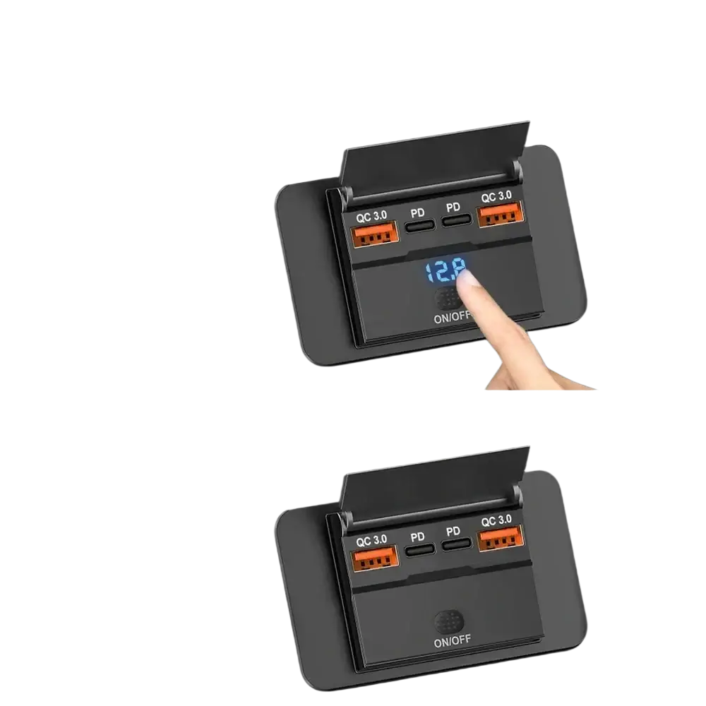 Black 12v 24v usb c car charger socket pd qc3 0 with orange usb ports and digital voltage display