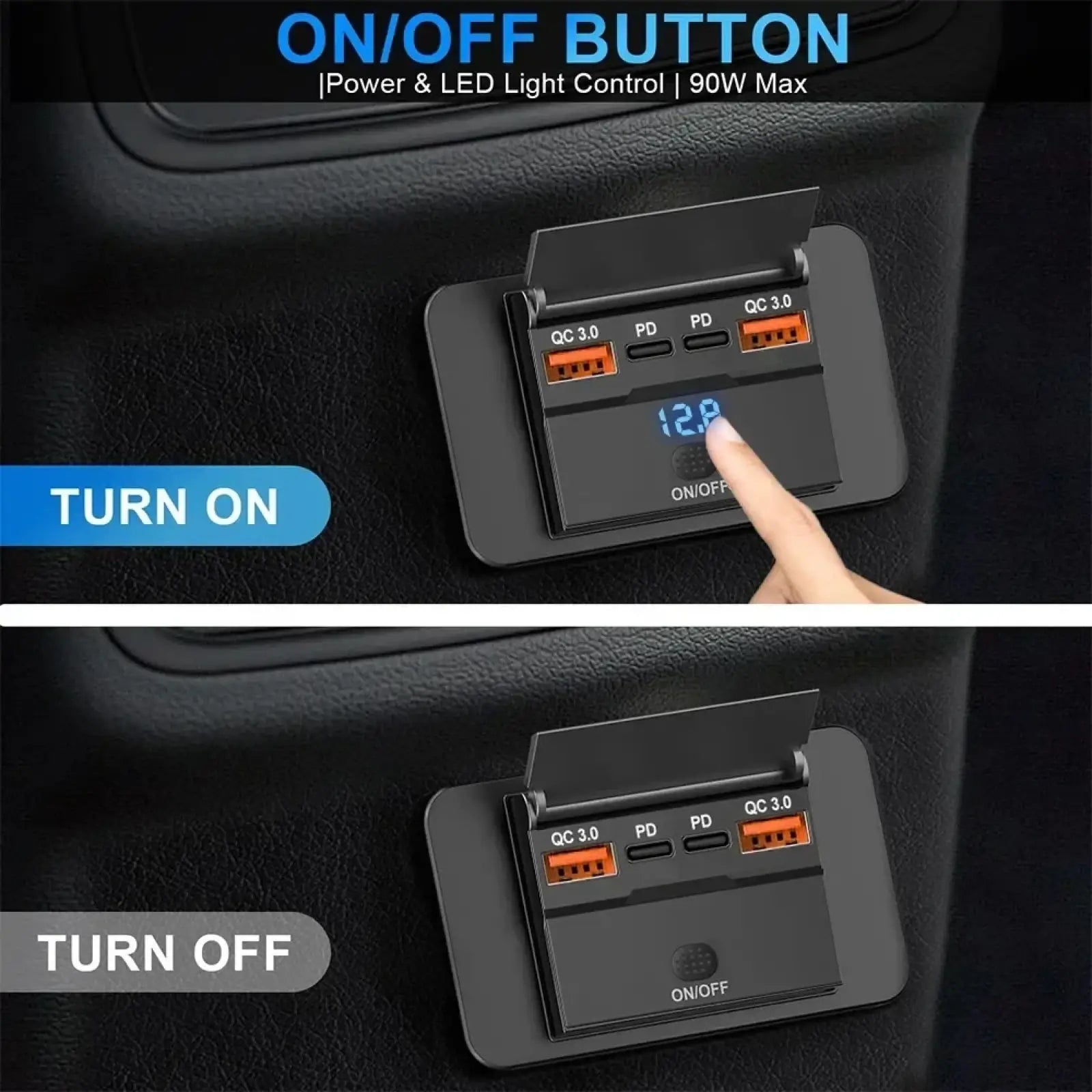 Black 12v 24v usb c car charger socket pd qc3 0 with orange usb ports and digital voltage display