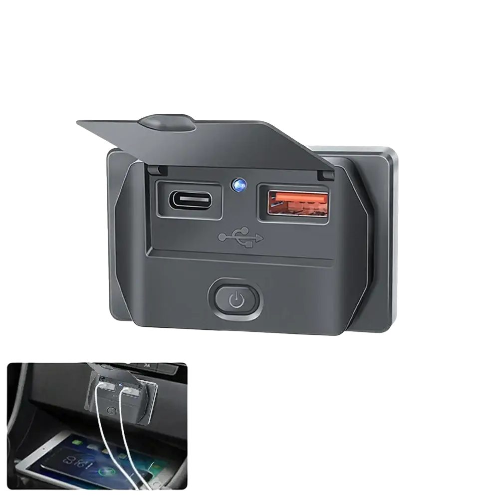 Black plastic 12v 24v usb c car charger socket with qc 3.0 and pd fast charging ports visible on front side