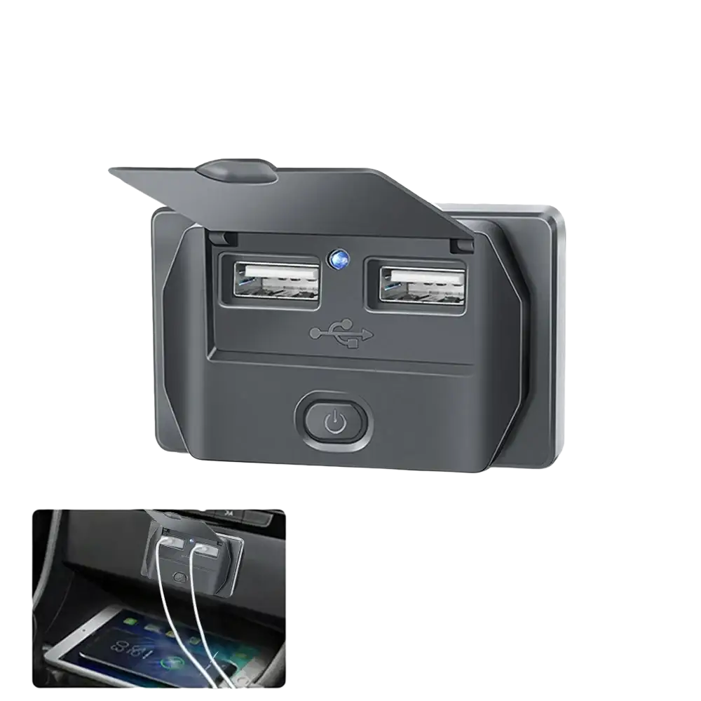 Black plastic 12v 24v usb c car charger socket with two usb ports and power button for pd qc3 0 charging