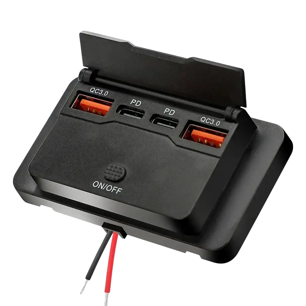 Black plastic 12v 24v usb c car charger socket with two orange qc3 0 ports two pd usb-c ports and on off switch