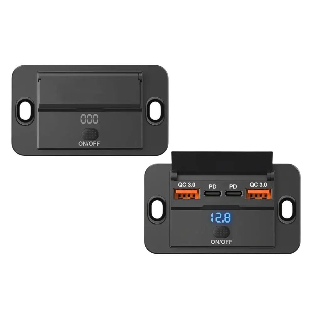 Black rectangular 12v 24v usb c car charger socket with digital display multiple usb ports pd qc3 0 fast charging