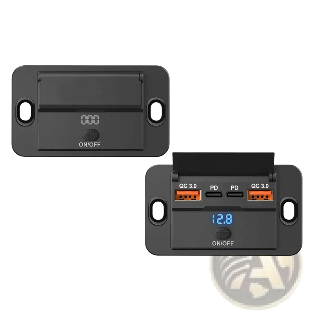 Black rectangular 12v 24v usb c car charger socket with digital display multiple usb ports pd qc3 0 fast charging