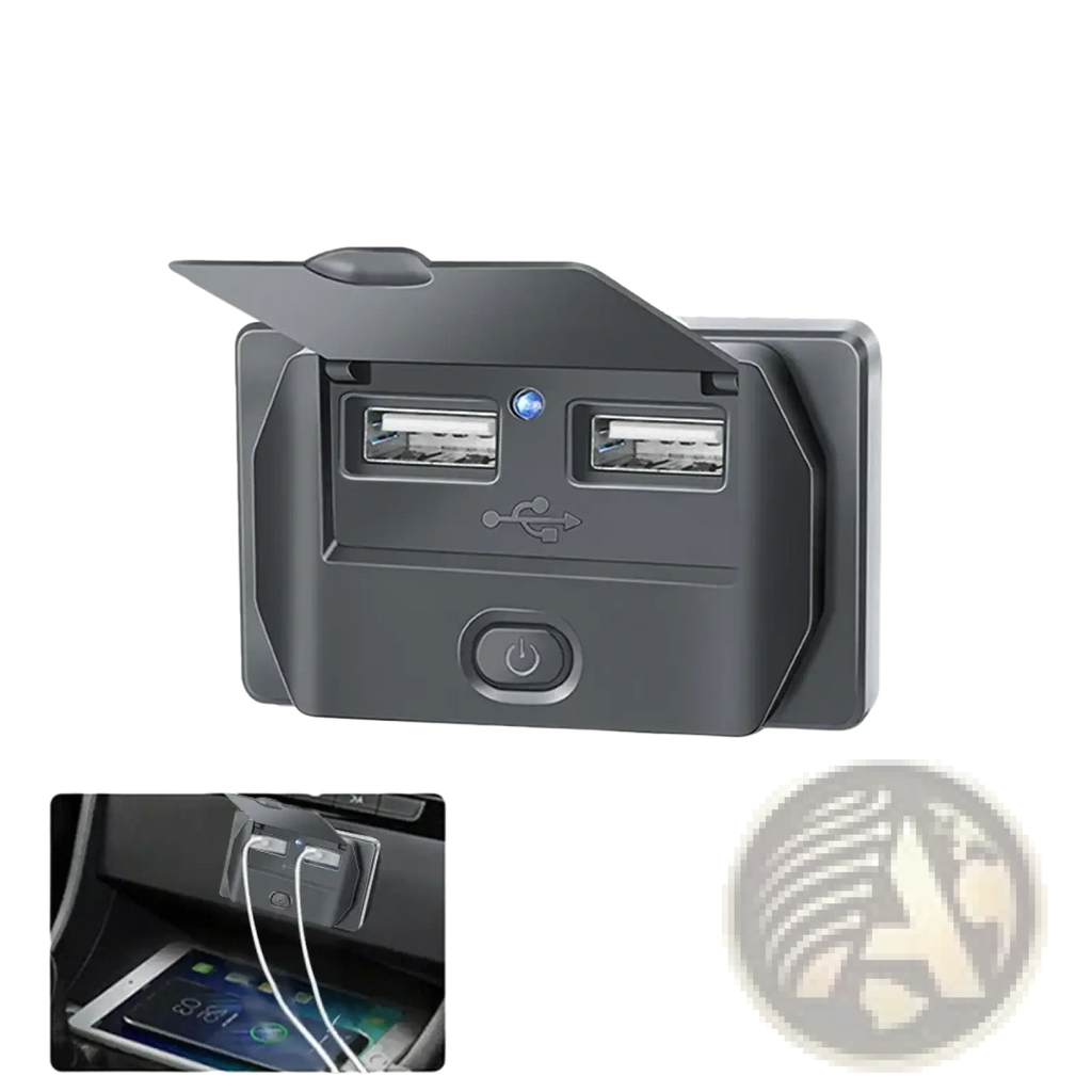 Black plastic 12v 24v usb c car charger socket with two usb ports and power button for pd qc3 0 charging