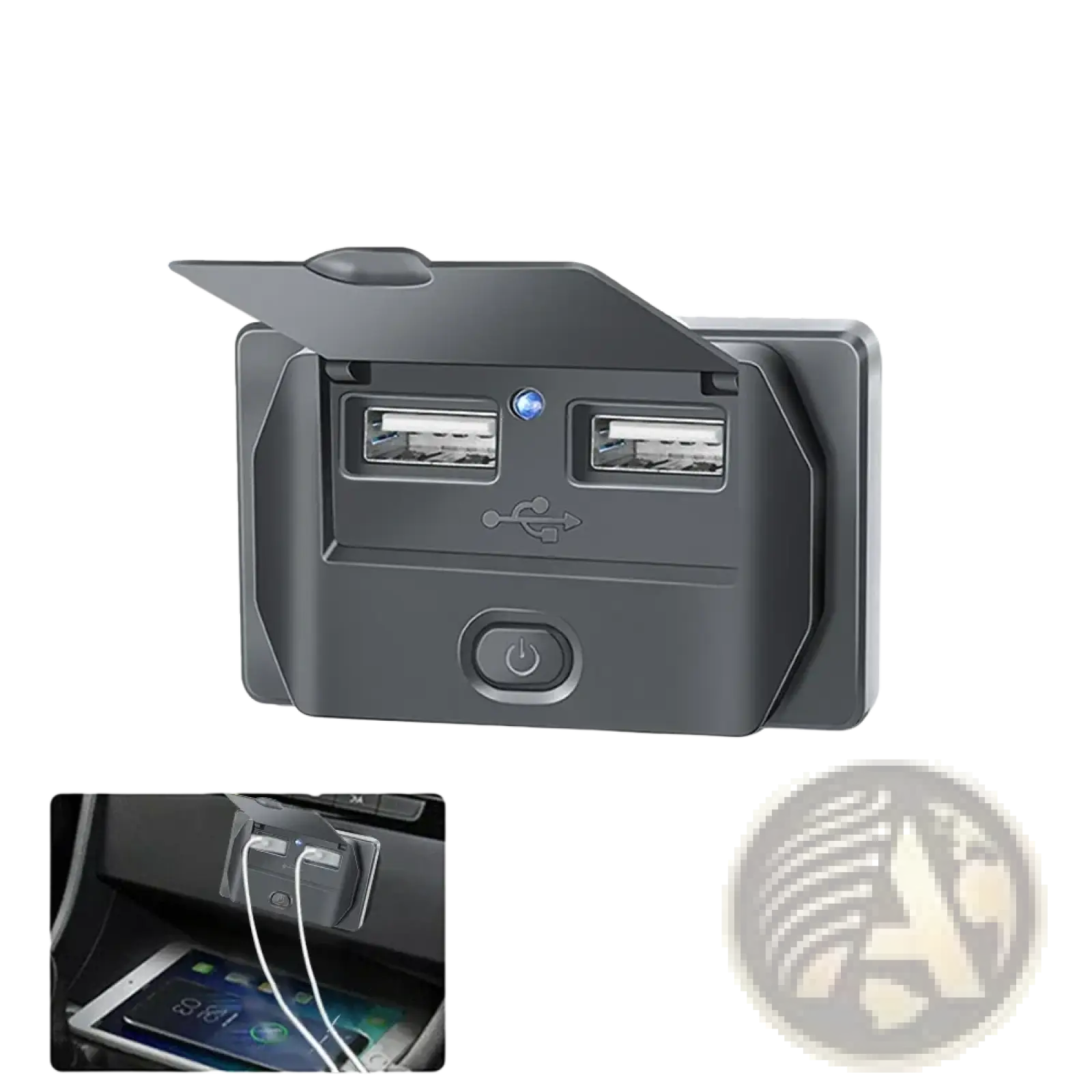 Black plastic 12v 24v usb c car charger socket with two usb ports and power button for pd qc3 0 charging