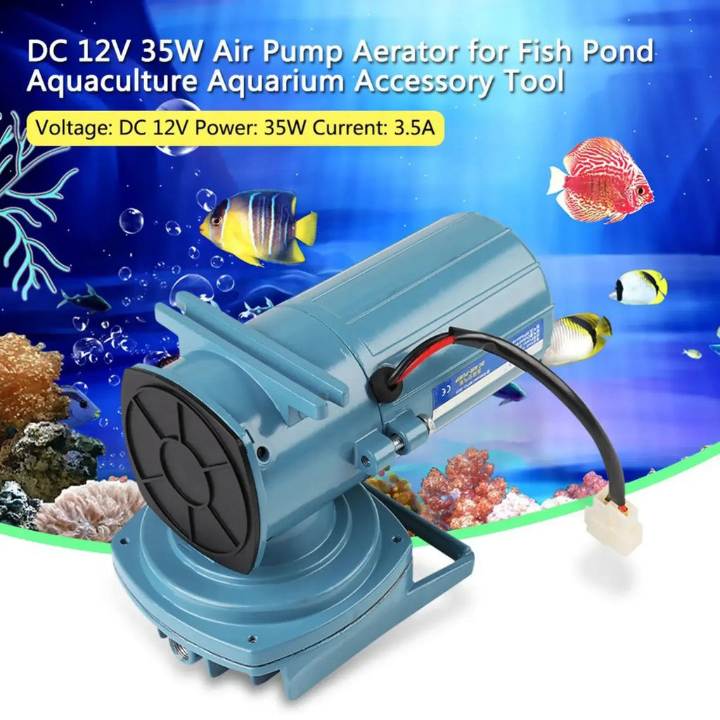Blue dc 12v 35w air pump with black fan cover and red-black wiring for fish pond and aquarium aeration